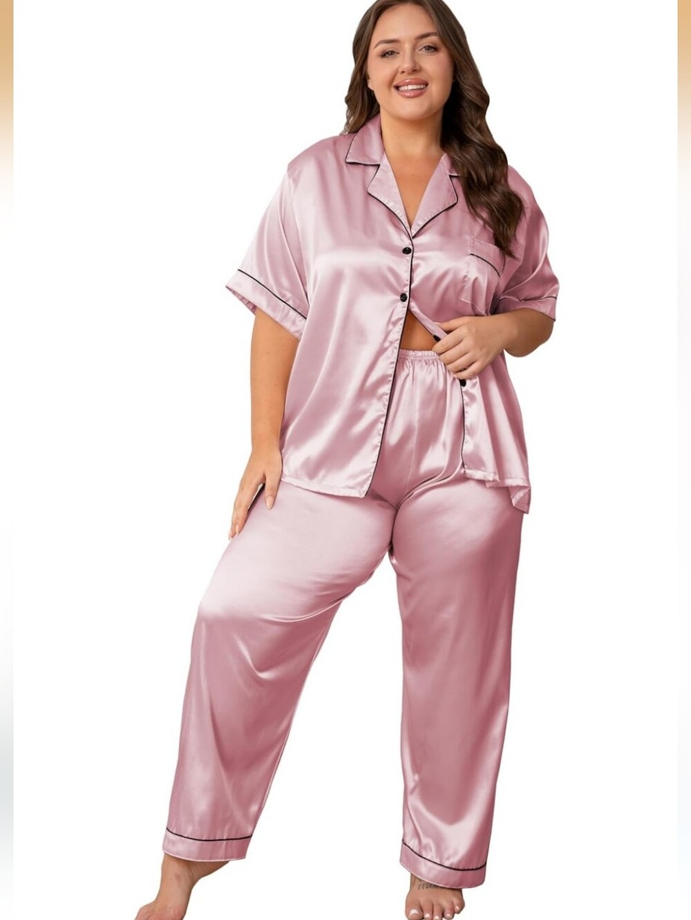 Plus Size Satin Pajama Set - Dusty Pink
